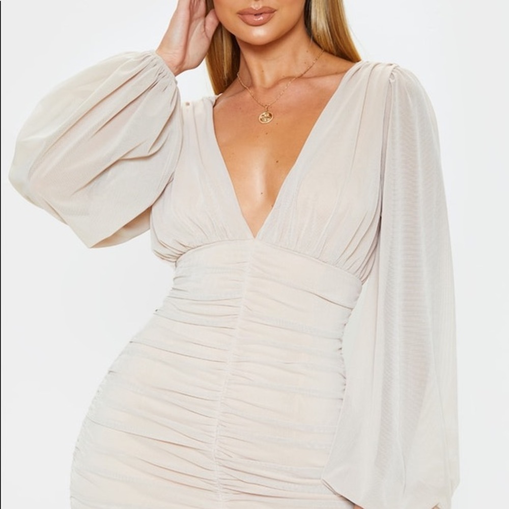 Stone Mesh Ruched Balloon Sleeve Bodycon Dress
